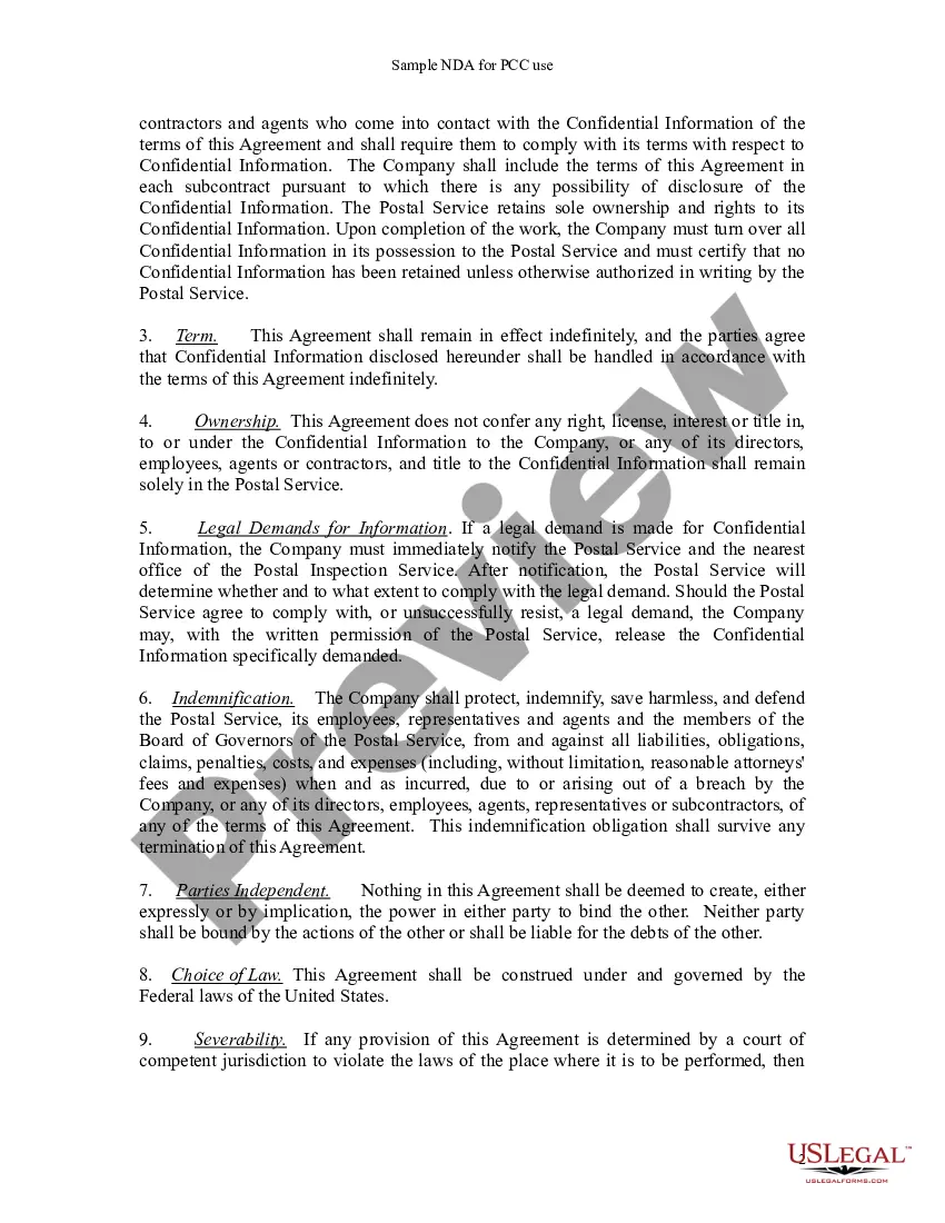 Get Postal Customer Counsel One-Way Non-Disclosure Agreement Preview Postal Customer Counsel One-Way Non-Disclosure Agreement
