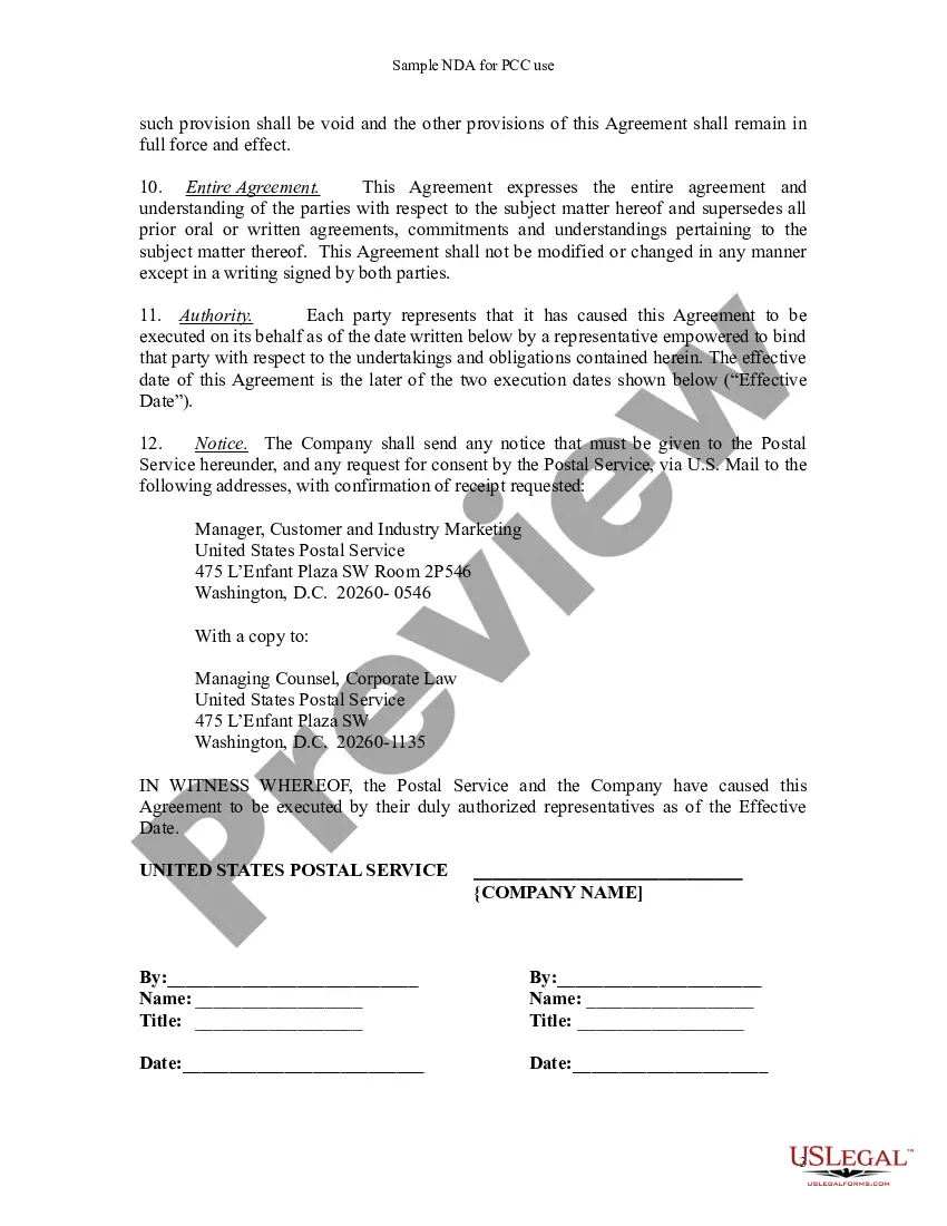 Get Postal Customer Counsel One-Way Non-Disclosure Agreement Preview Postal Customer Counsel One-Way Non-Disclosure Agreement