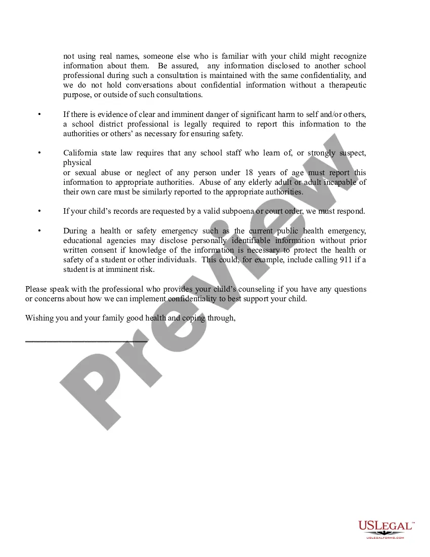 Preview Memorandum to Parents of Minors re: Telehealth Services