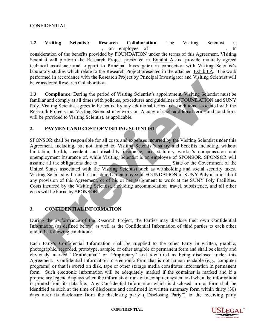 Get Visiting Scientist Agreement for Visitation to College Research Foundation Preview Visiting Scientist Agreement for Visitation to College Research Foundation