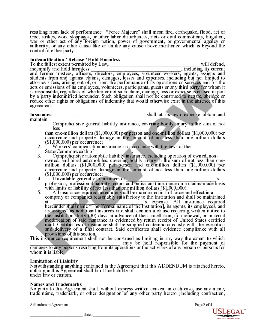 Preview Addendum for all Contracts or Agreements between Trustees of Institution and any Third-Party Vendor or Consultant