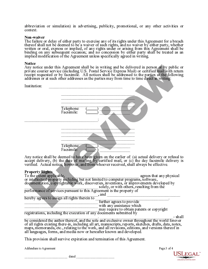 Preview Addendum for all Contracts or Agreements between Trustees of Institution and any Third-Party Vendor or Consultant