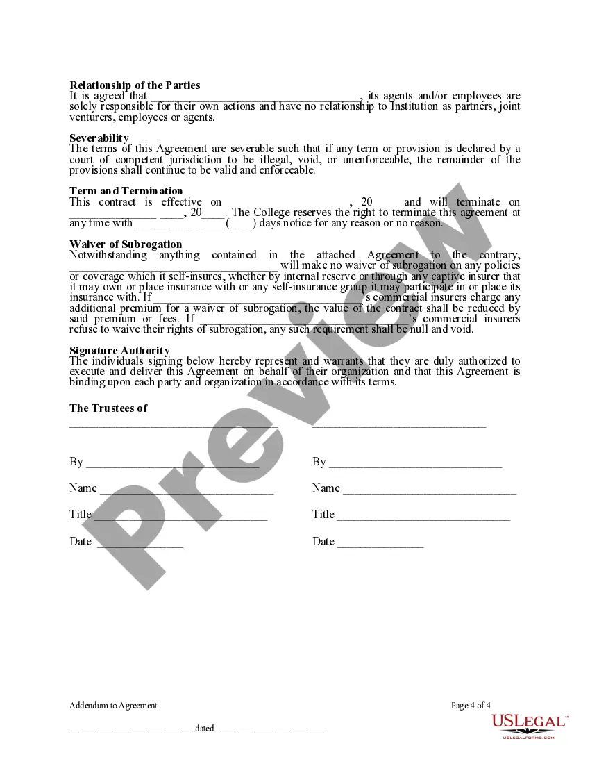 Preview Addendum for all Contracts or Agreements between Trustees of Institution and any Third-Party Vendor or Consultant