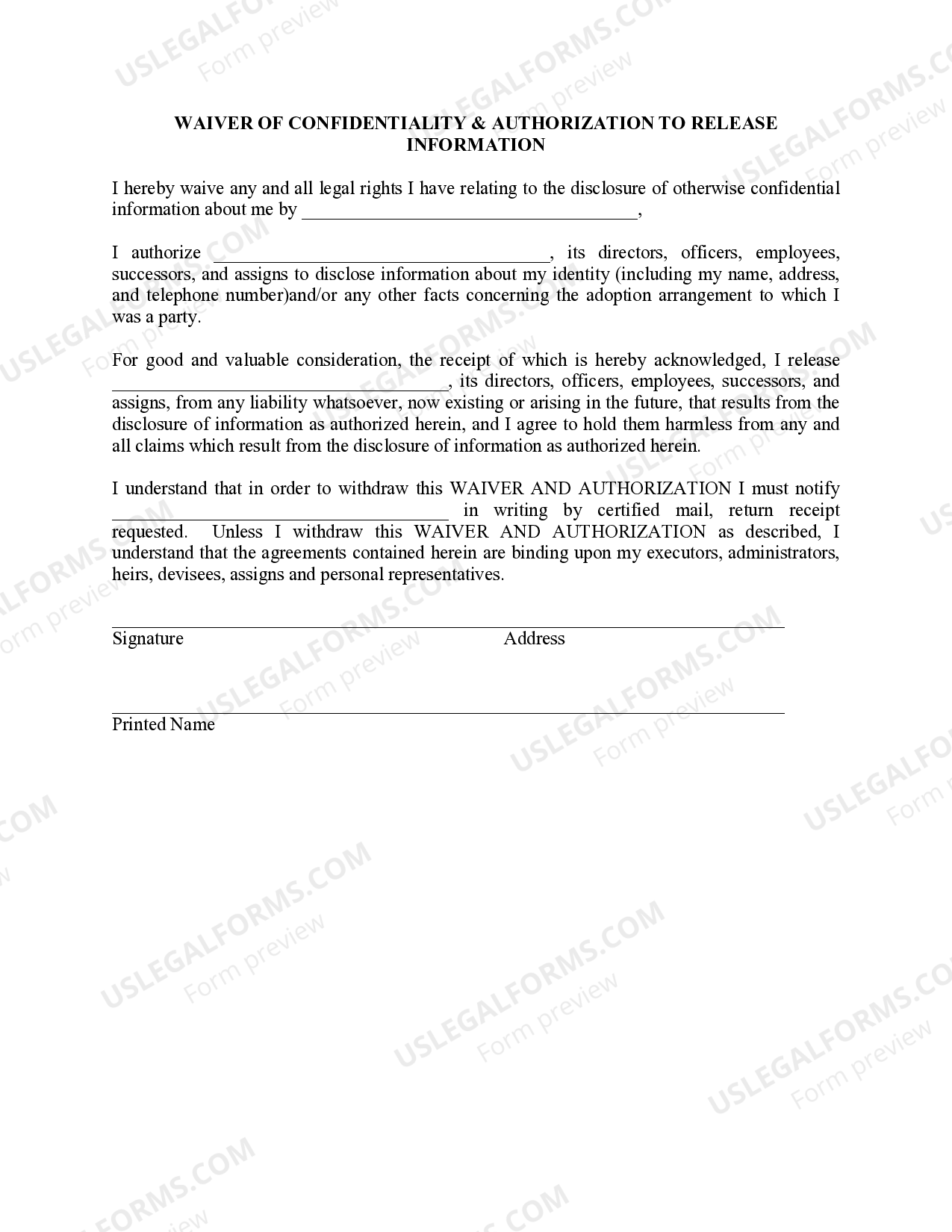 Simple Waiver of Confidentiflity US Legal Forms