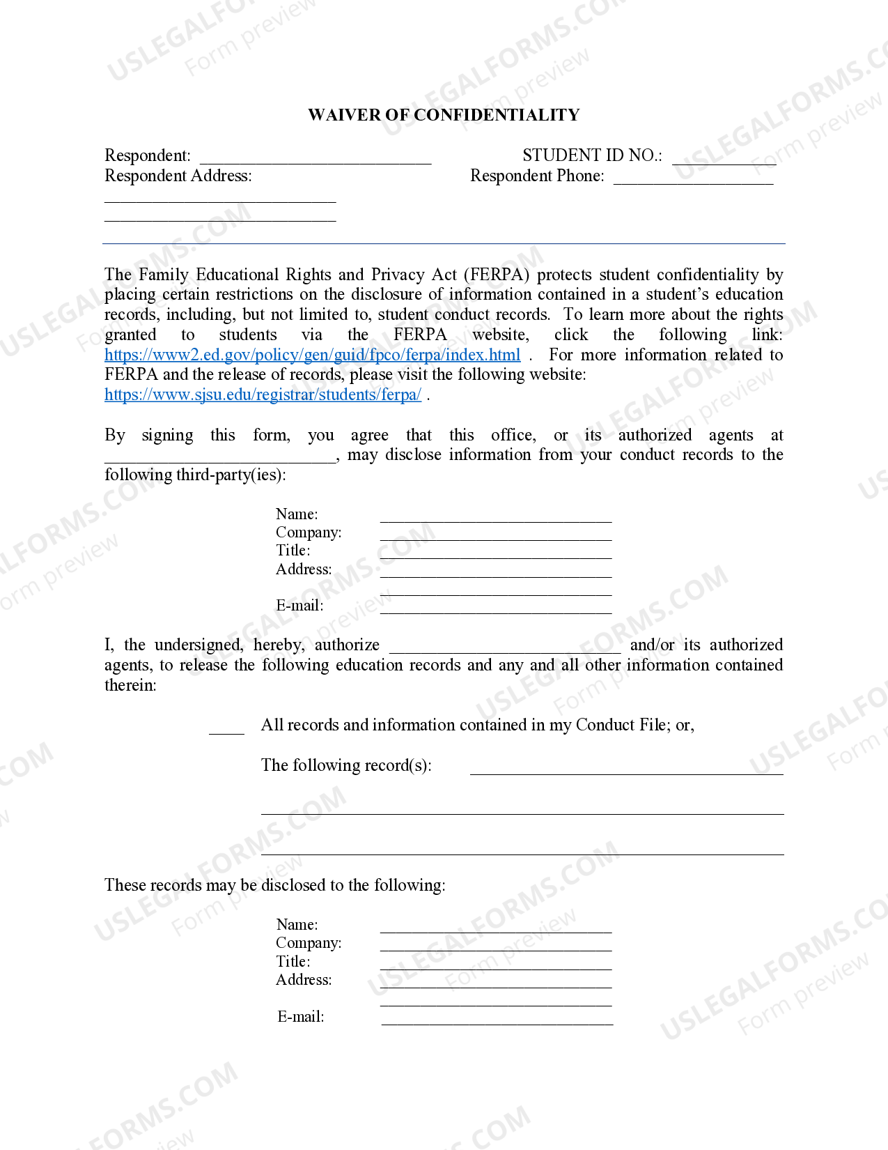 Waiver of Confidentiality for Educational Records from a College or