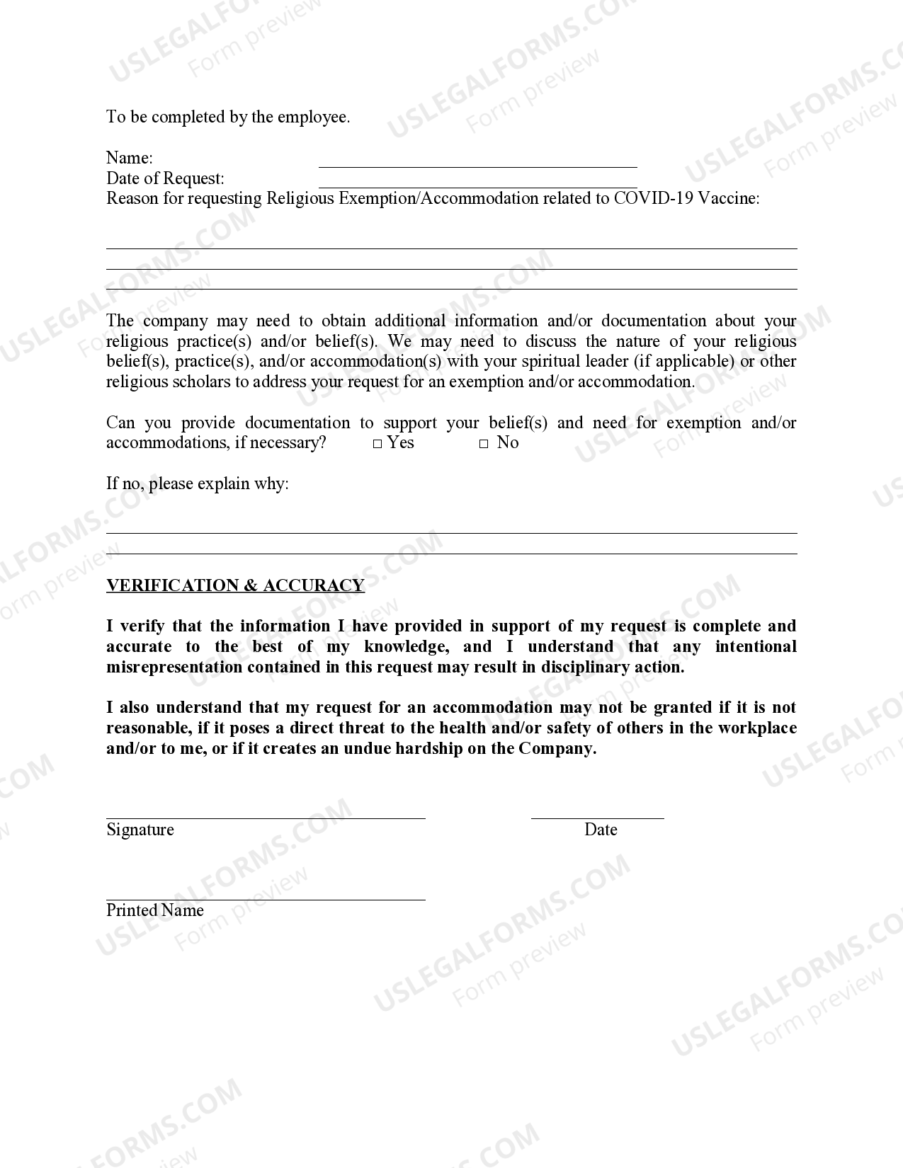 Request for Waiver for COVID-19 Vaccine Religious Exemption Form for an ...