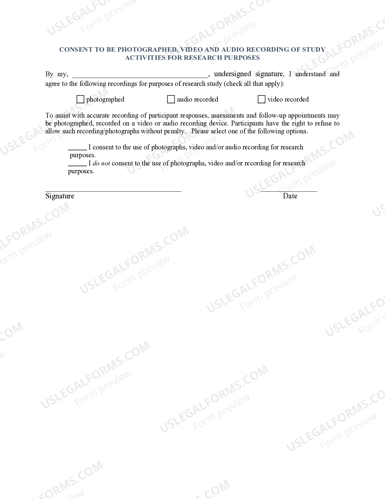 Audio, Video, and Photography Recording Consent for Research Only Form