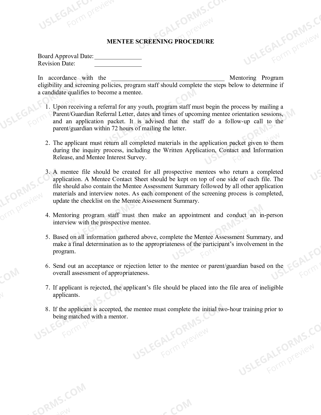 Mentee Screening Procedure Summary for Mentorship Program | US Legal Forms