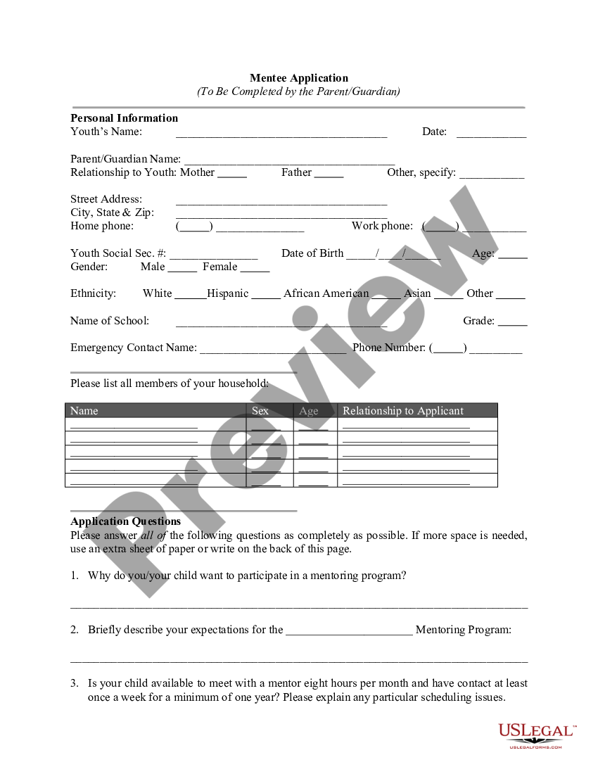 Mentee Application Form for Mentorship Program | US Legal Forms