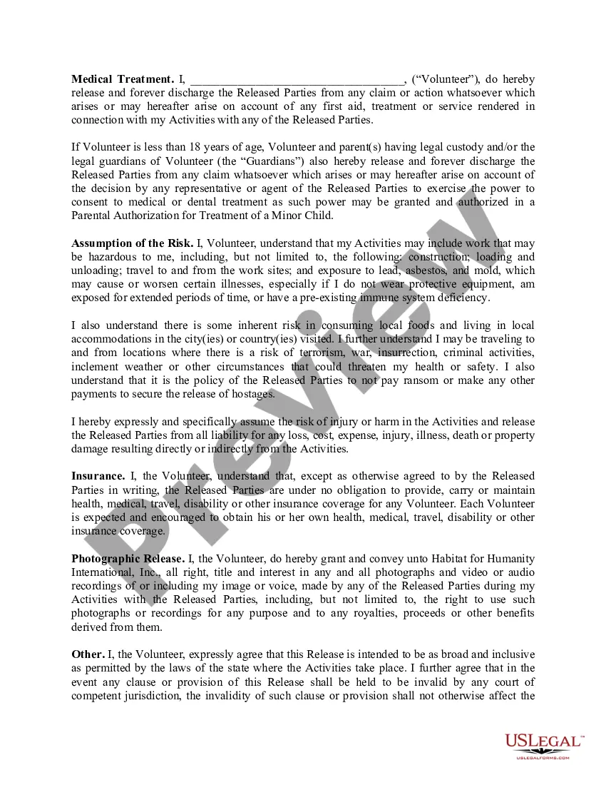 Get Release and Waiver of Liablity for Non-Profit Volunteer Construction Labor - Minor Child Release and Waiver Included Preview Release and Waiver of Liablity for Non-Profit Volunteer Construction Labor - Minor Child Release and Waiver Included