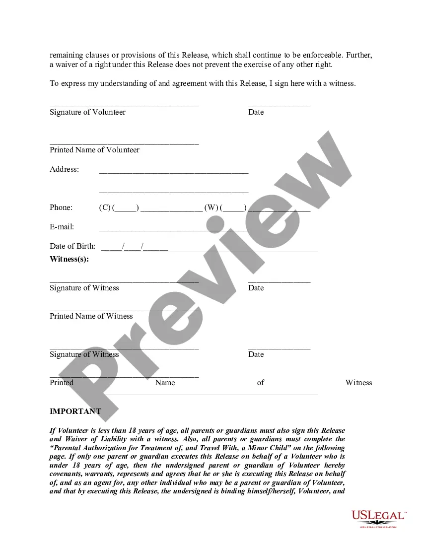 Get Release and Waiver of Liablity for Non-Profit Volunteer Construction Labor - Minor Child Release and Waiver Included Preview Release and Waiver of Liablity for Non-Profit Volunteer Construction Labor - Minor Child Release and Waiver Included