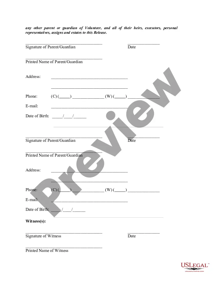 Get Release and Waiver of Liablity for Non-Profit Volunteer Construction Labor - Minor Child Release and Waiver Included Preview Release and Waiver of Liablity for Non-Profit Volunteer Construction Labor - Minor Child Release and Waiver Included