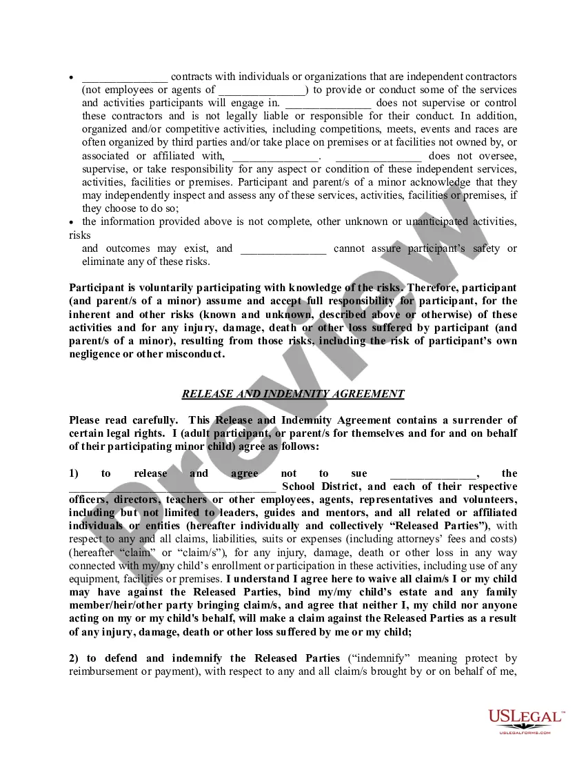 Preview 501(c)(1) Non-Profit Charter School Release and Indemnification Agreement