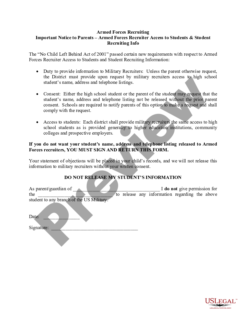 501(c)(1) NonProfit Charter School Armed Forces Recruiting Consent