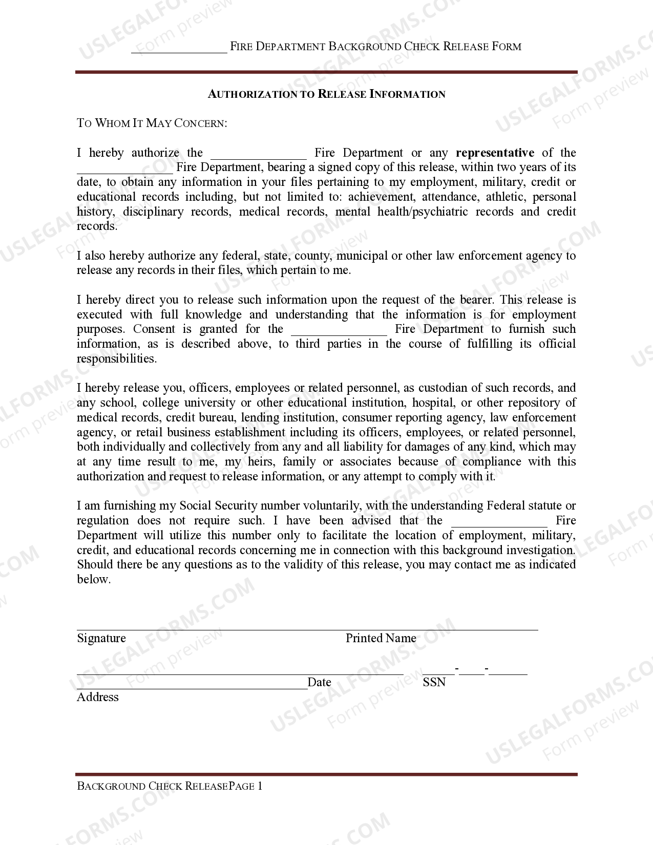 Fire Department Applicant's Authorization to Release Information US
