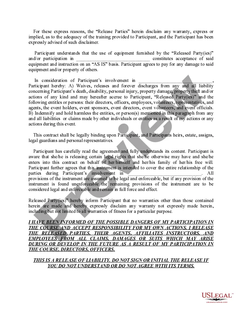 Preview Release of Liability and Hold Harmless Agreement for Firearms Shooting Course