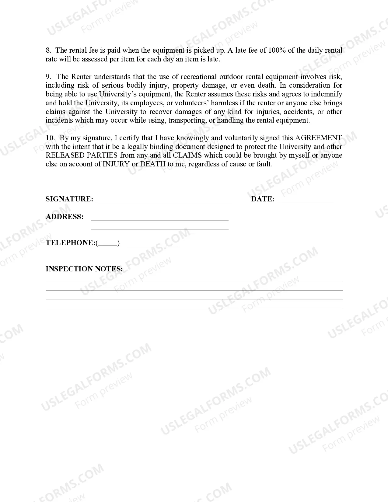 Preview Outdoor Equipment Rental Agreement and Release