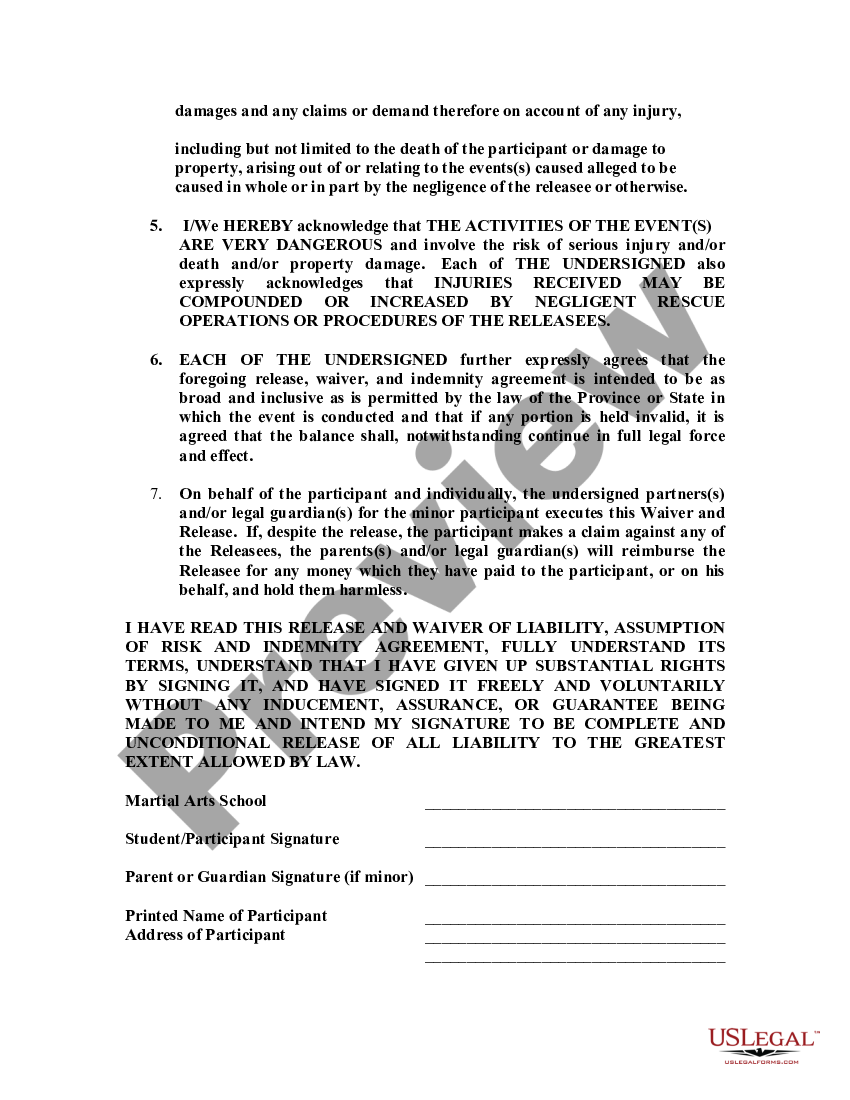 Release And Waiver Of Liability And Indemnity Agreement For Martial Arts Us Legal Forms 