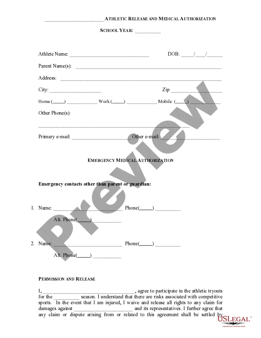 Preview School or University Athletic Release and Medical Authorization
