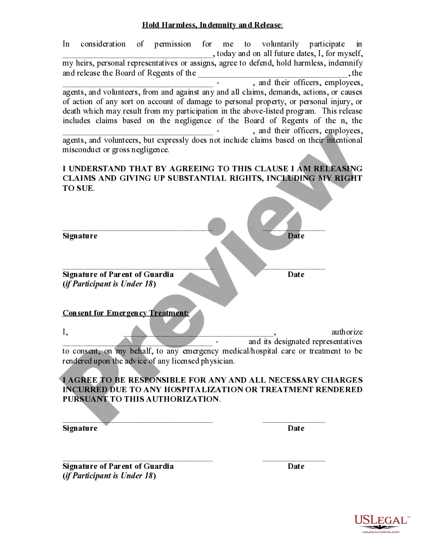 Get Agreement of Assumption of Risk, Indemnification, Release and Consent for Emergency Medical Treatment for General Purposes Preview Agreement of Assumption of Risk, Indemnification, Release and Consent for Emergency Medical Treatment for General Purposes