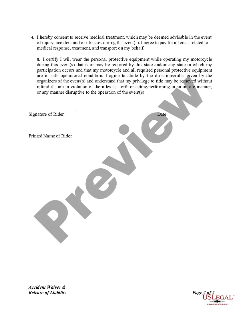 Preview Accident Waiver and Release of Liability for Motorcycle Activity