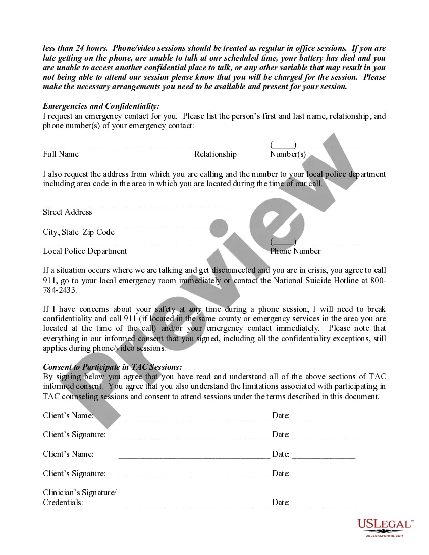 Preview Agreement, Consent and Policies for Use of Technology Assisted Counseling Services