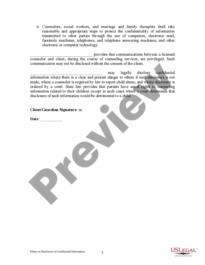 Preview Policy and Disclosure of Confidential Information for Licensed Counselor