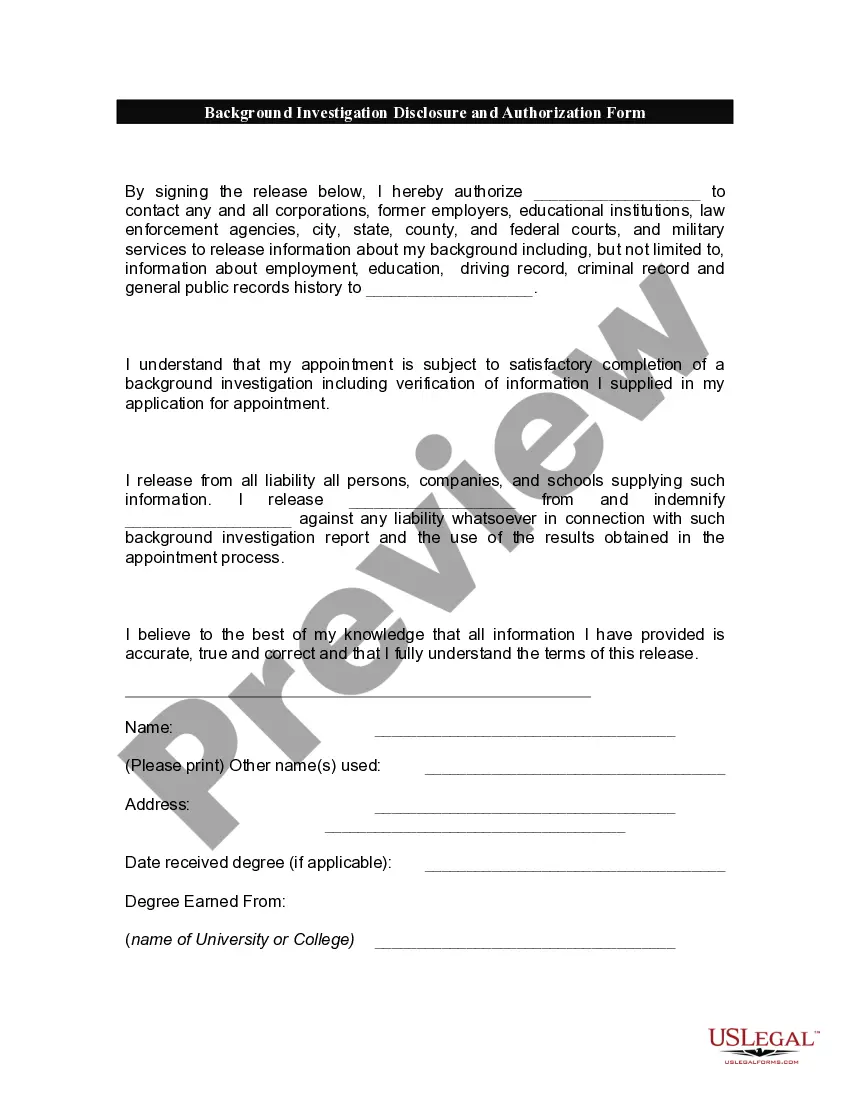 Preview Authorization and Disclosure for Background Investigation for Employment