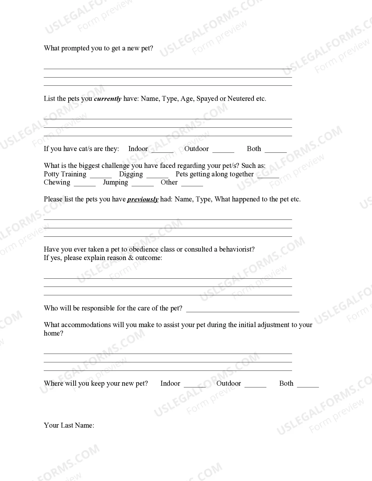 Preview Pet Adoption Consideration Questionnaire