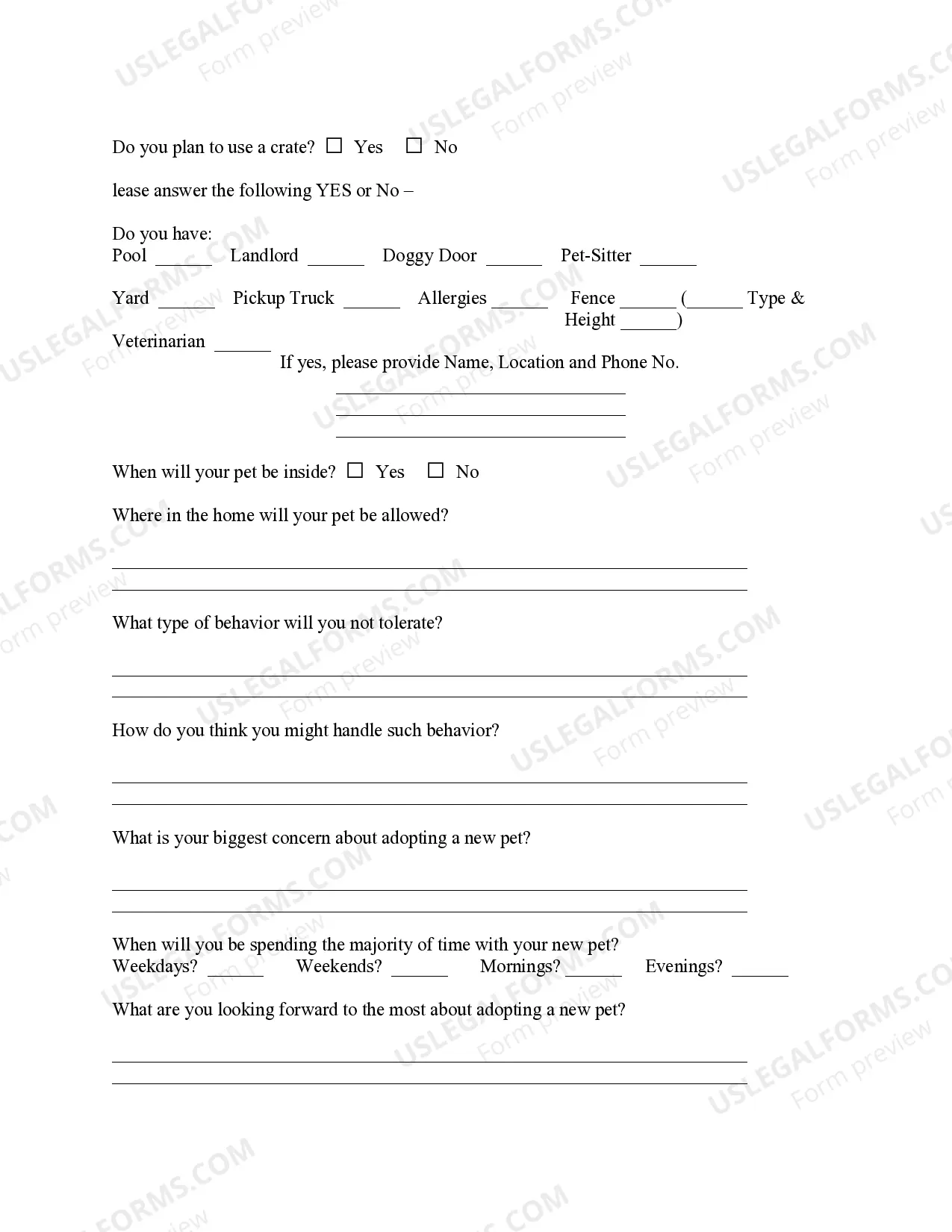 Preview Pet Adoption Consideration Questionnaire