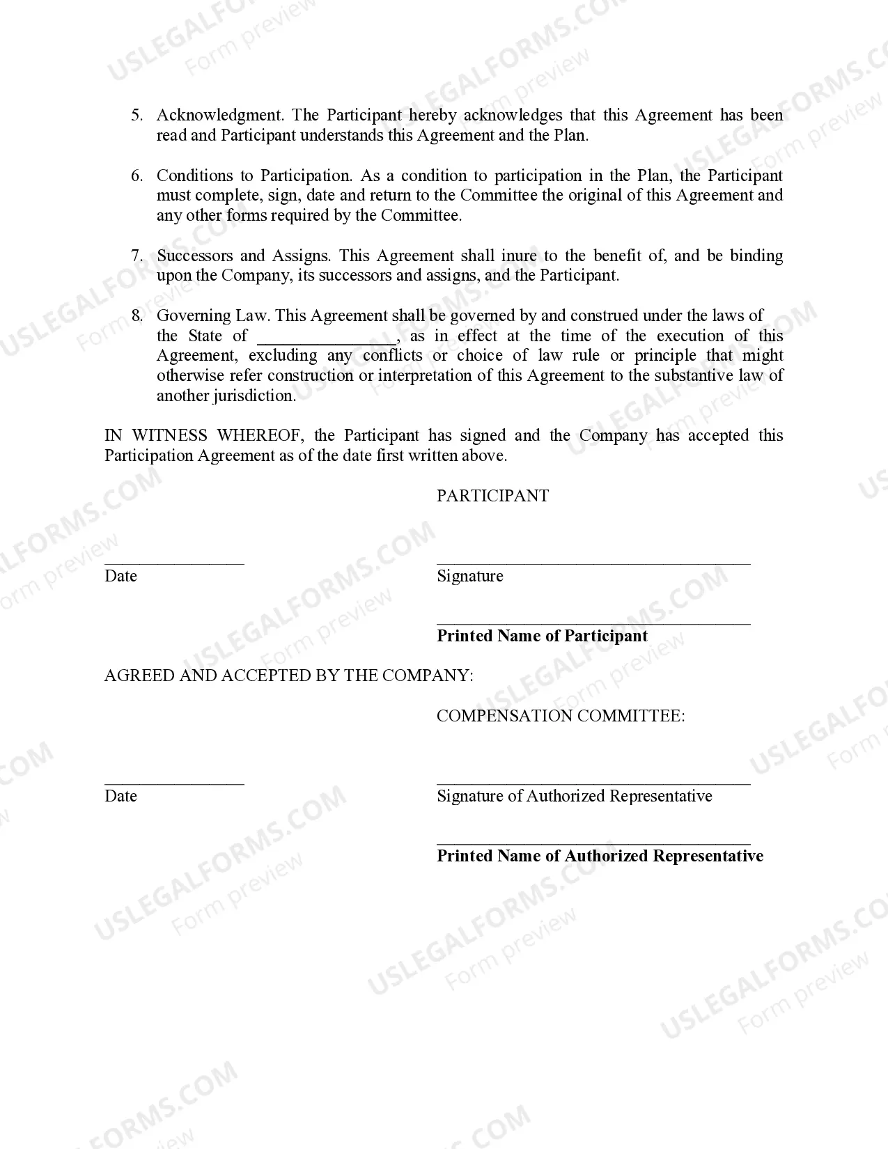 Preview Participation Agreement for Supplemental Executive Retirement Plan