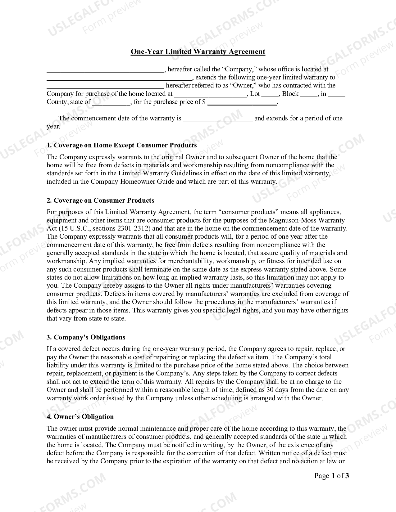 Sample One Year Limited Warranty Agreement US Legal Forms