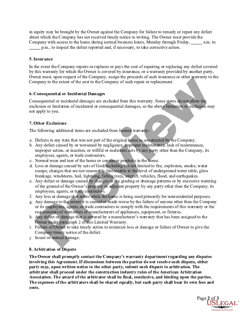 Preview Sample One Year Limited Warranty Agreement