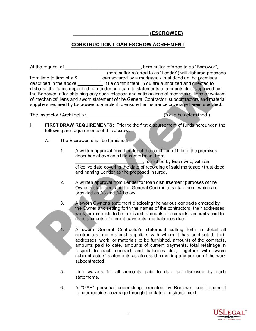 Construction Loan Escrow Agreement | US Legal Forms