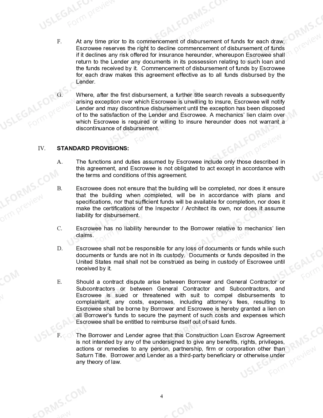 Preview Construction Loan Escrow Agreement