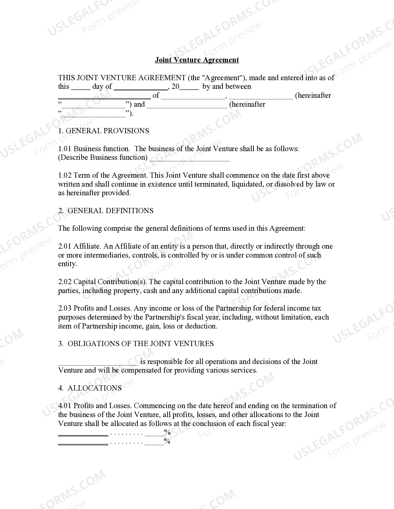 Joint Venture Agreement US Legal Forms