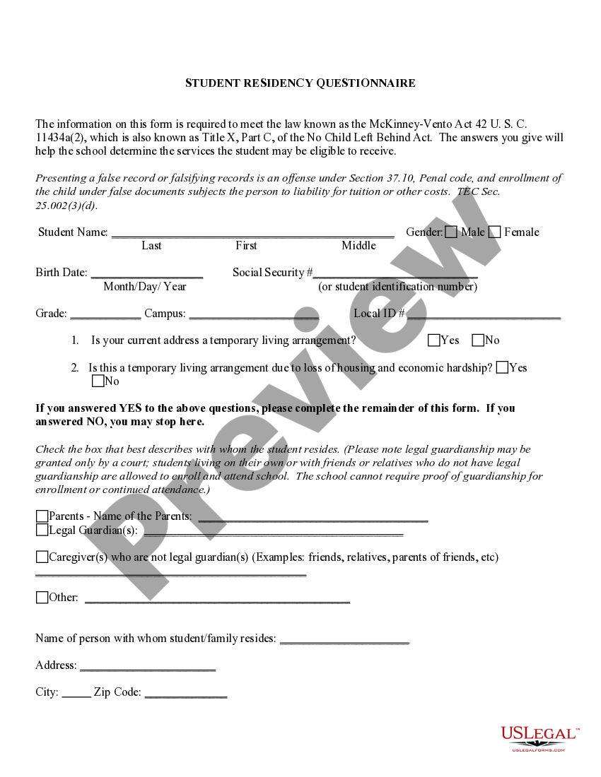 Student Residency Questionnaire US Legal Forms