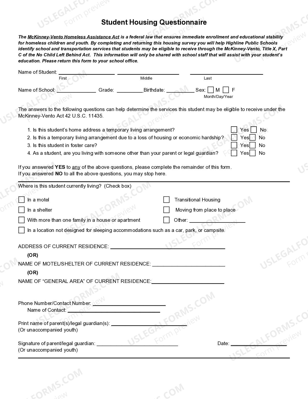 Student Housing Questionnaire US Legal Forms