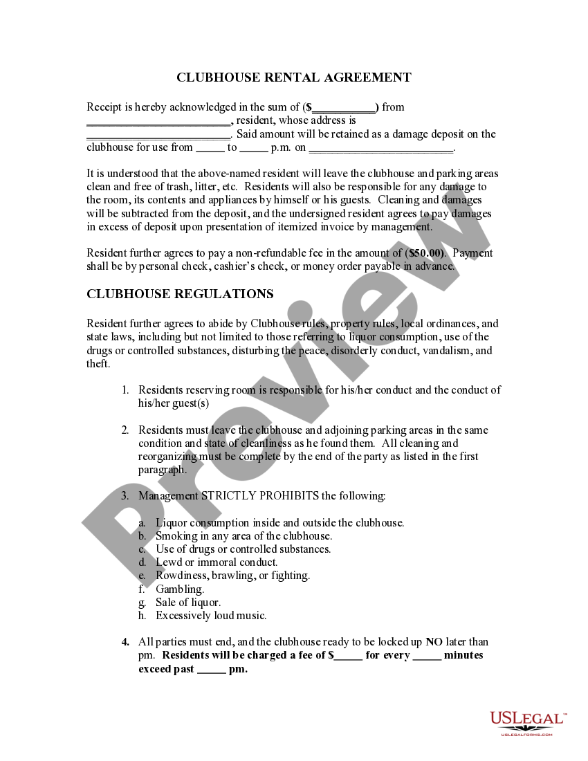 Clubhouse Rental Agreement US Legal Forms Clubhouse Rental Agreement US Legal Forms