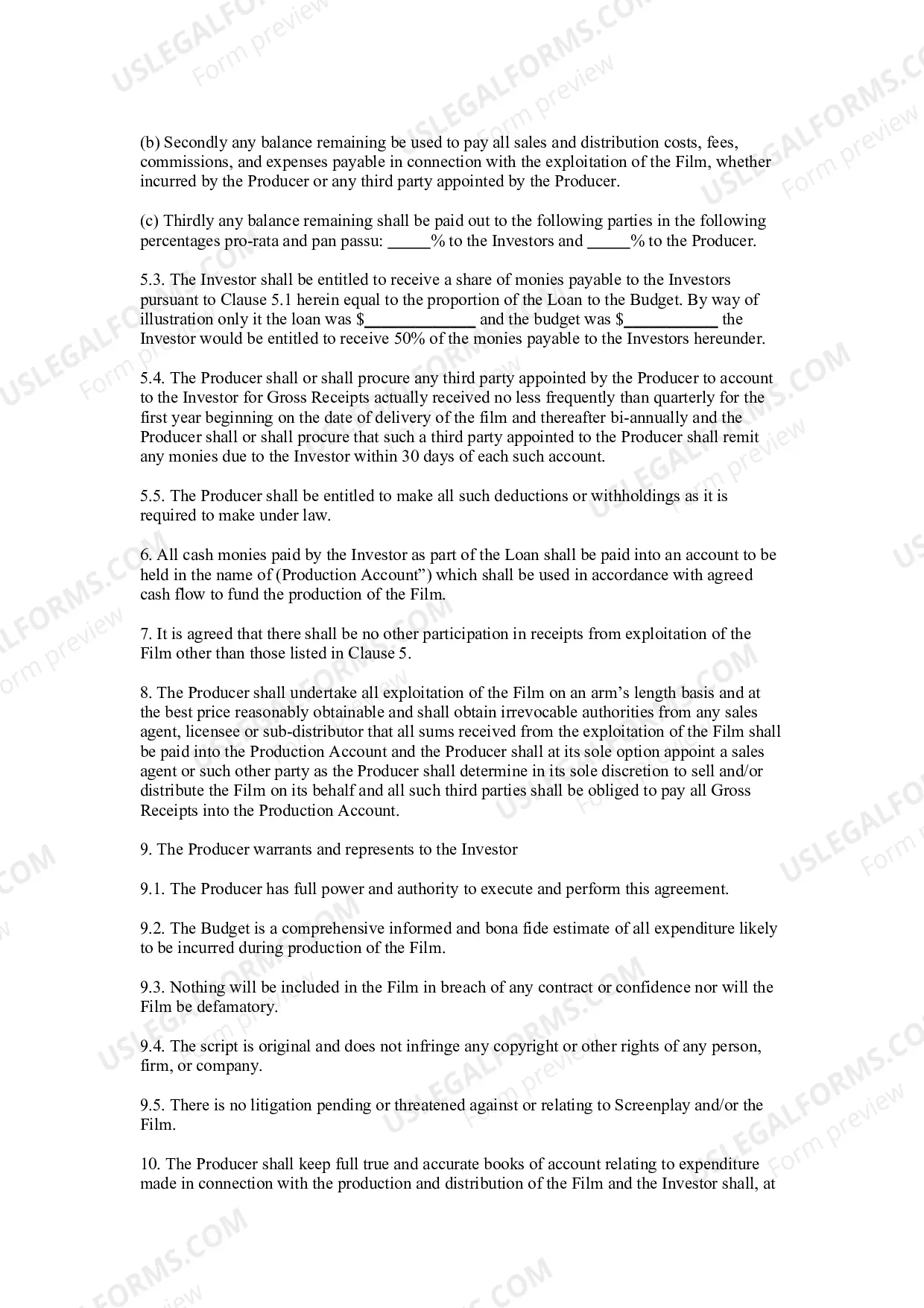 Preview Film Investment Agreement