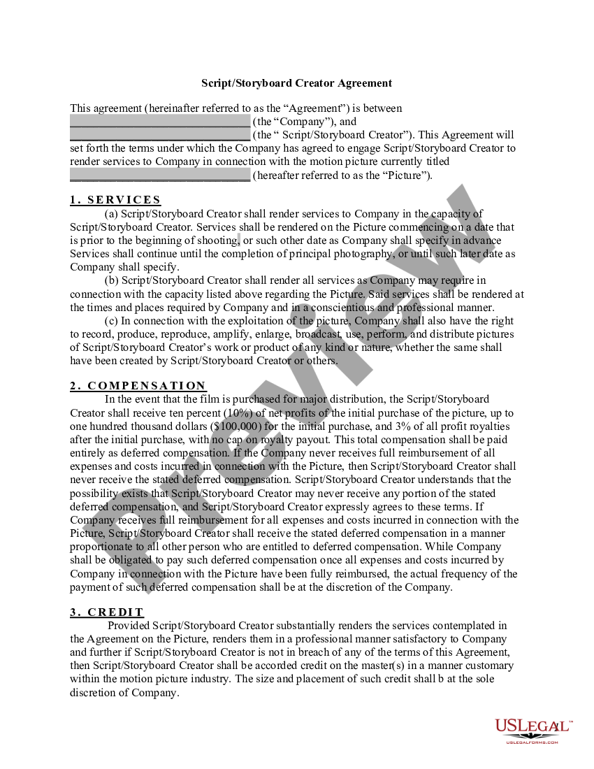 Script - Storyboard Creator Agreement | US Legal Forms