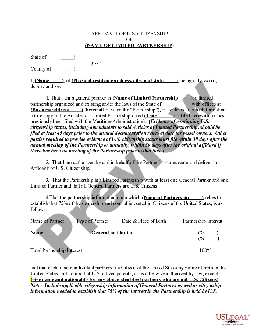 Preview Affidavit of US Citizenship for Limited Partnership