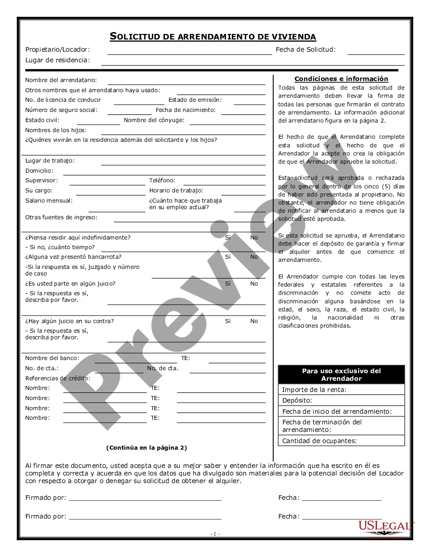 Solicitud de Arrendamiento de Vivienda - Solicitud De Renta | US Legal Forms