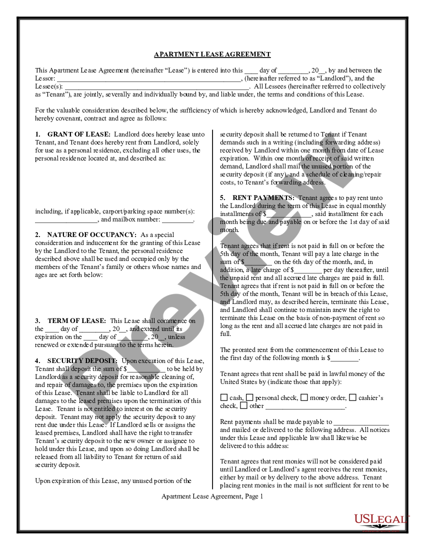 Chicago Illinois Apartment Lease Agreement US Legal Forms