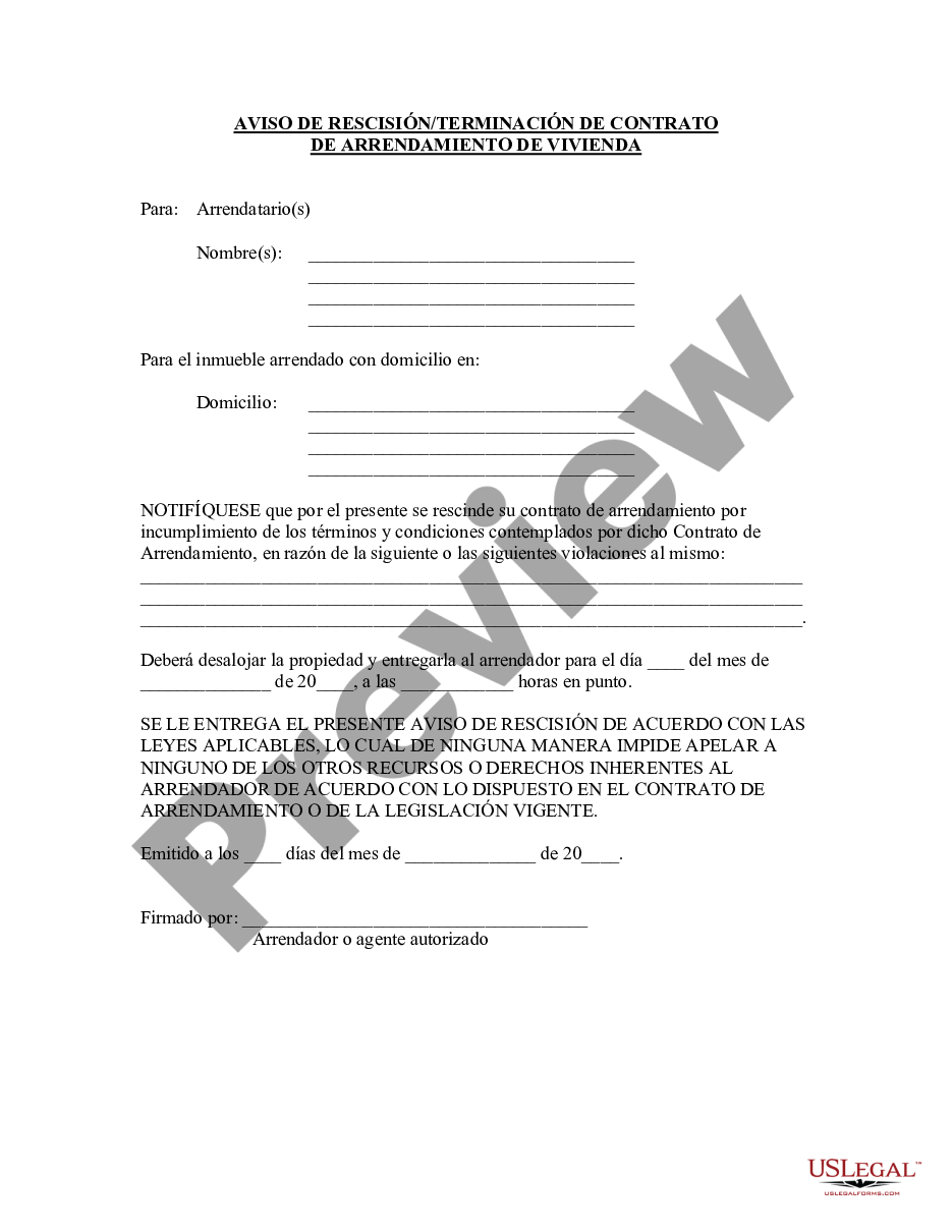 Aviso de Rescision - Terminacion de Contrato de Arrendamiento de Vivienda -  Modelo De Carta Para Terminar Contrato De Arrendamiento En Inglés | US  Legal Forms