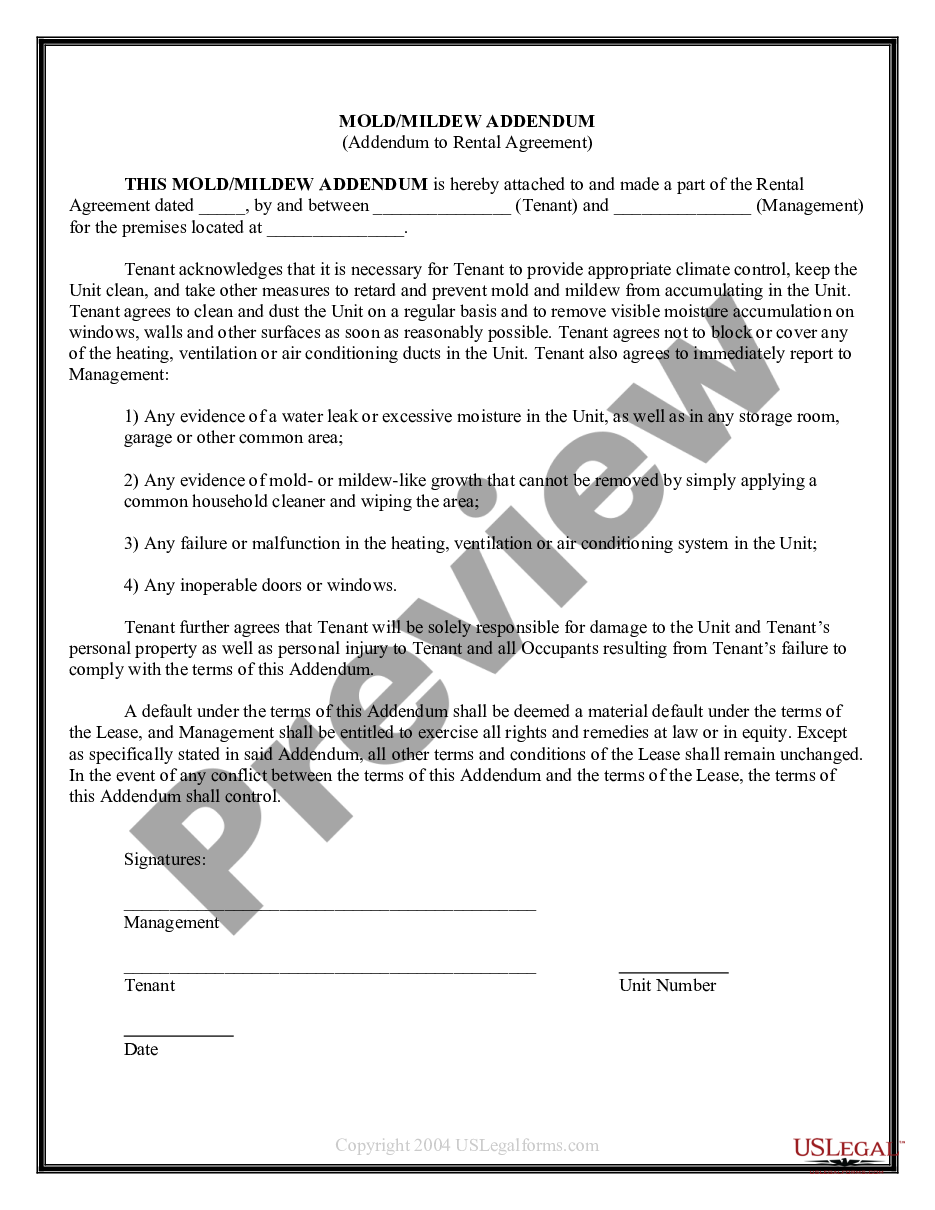 form Addendum To Apartment Lease regarding Mold preview