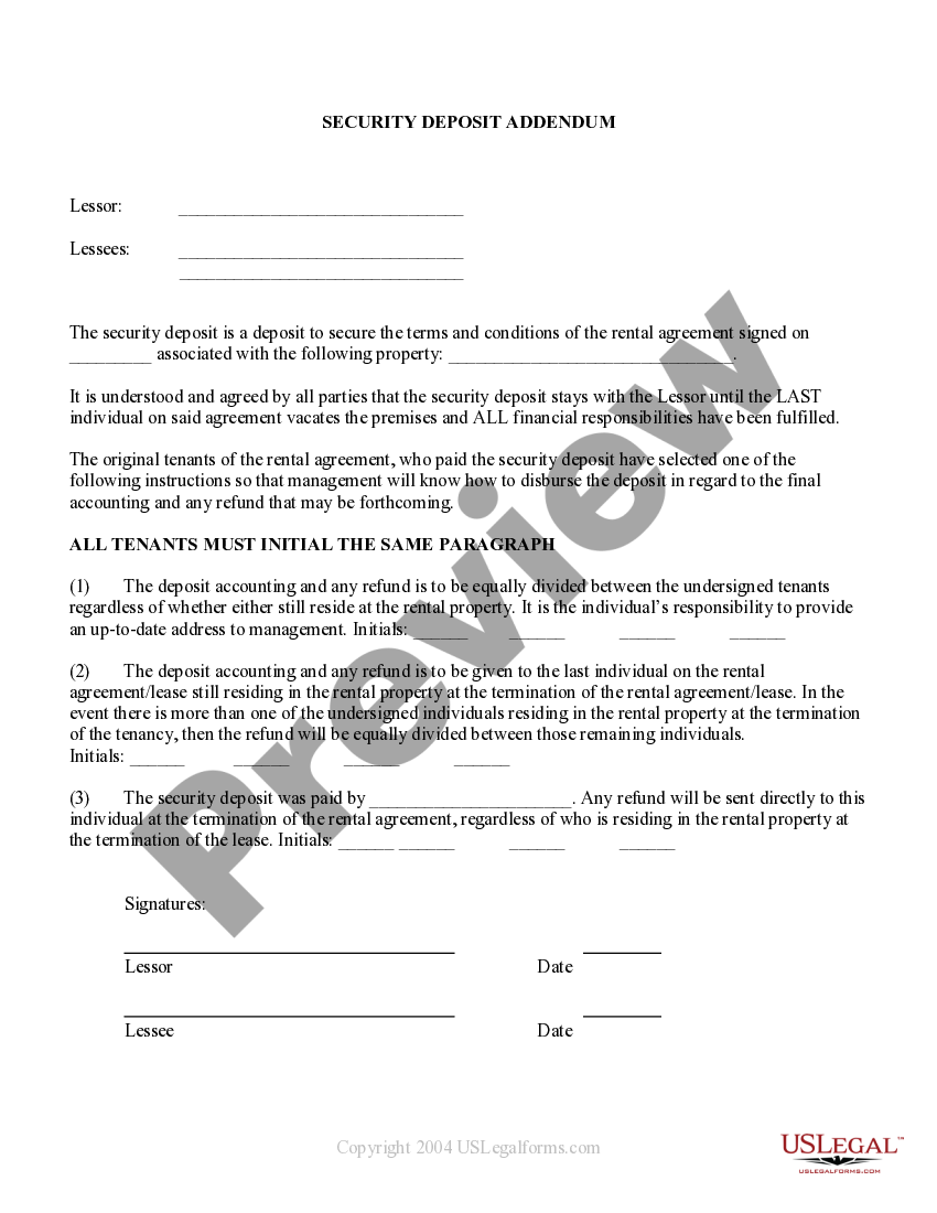 Addendum To Apartment Lease regarding Security Deposit Regarding