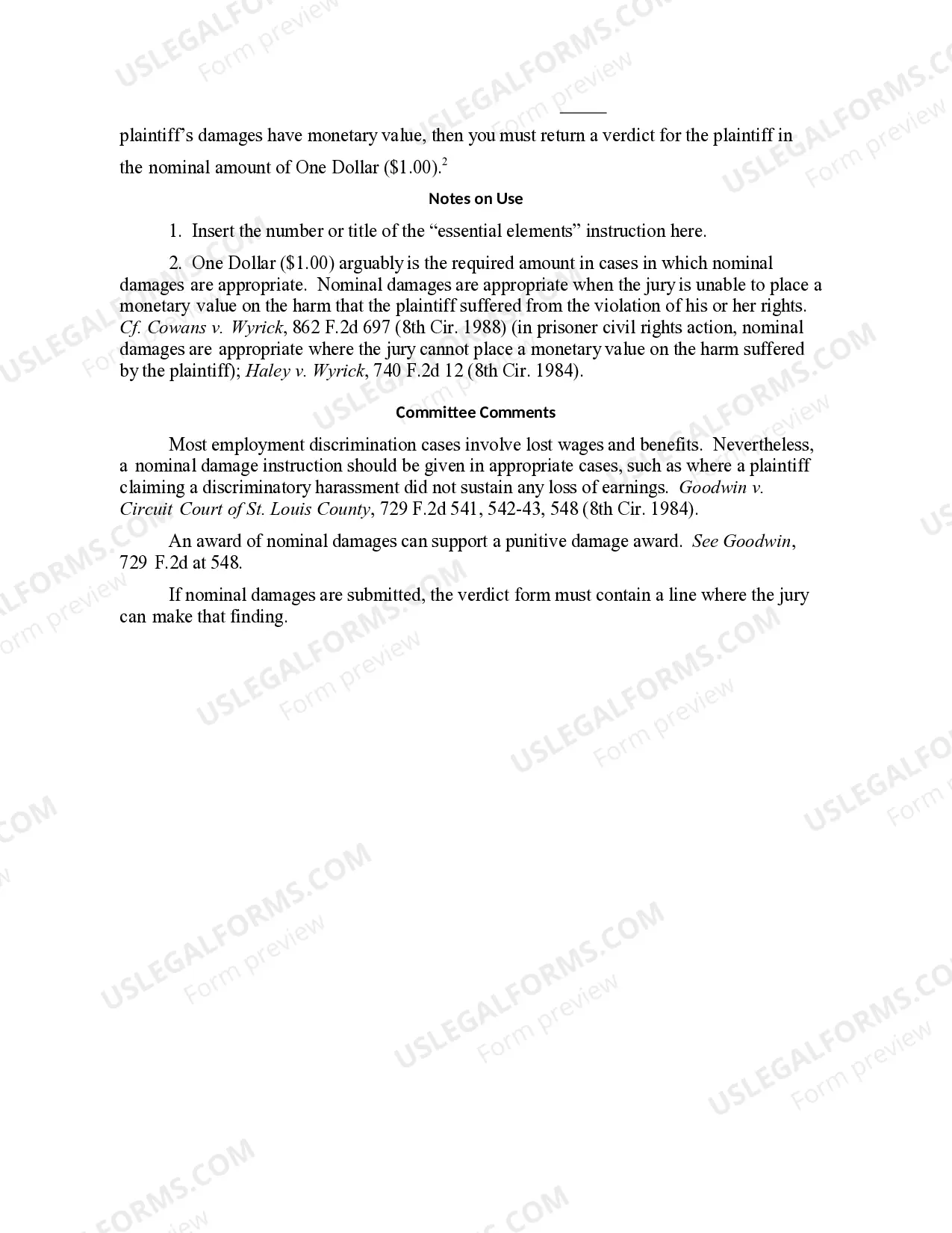 Preview 12.71 DAMAGES: NOMINAL (42 U.S.C. Civ. 1983)