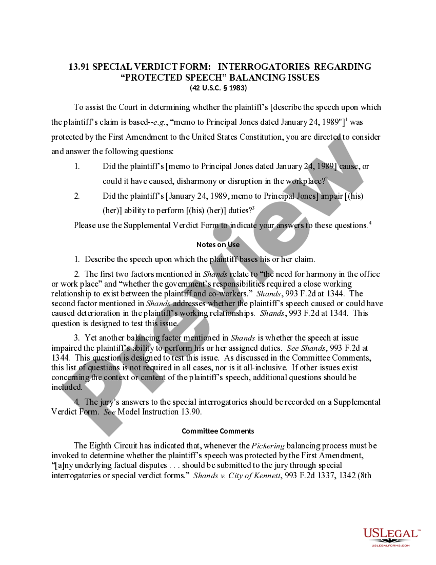 13.91 SPECIAL VERDICT FORM INTERROGATORIES REGARDING "PROTECTED SPEECH