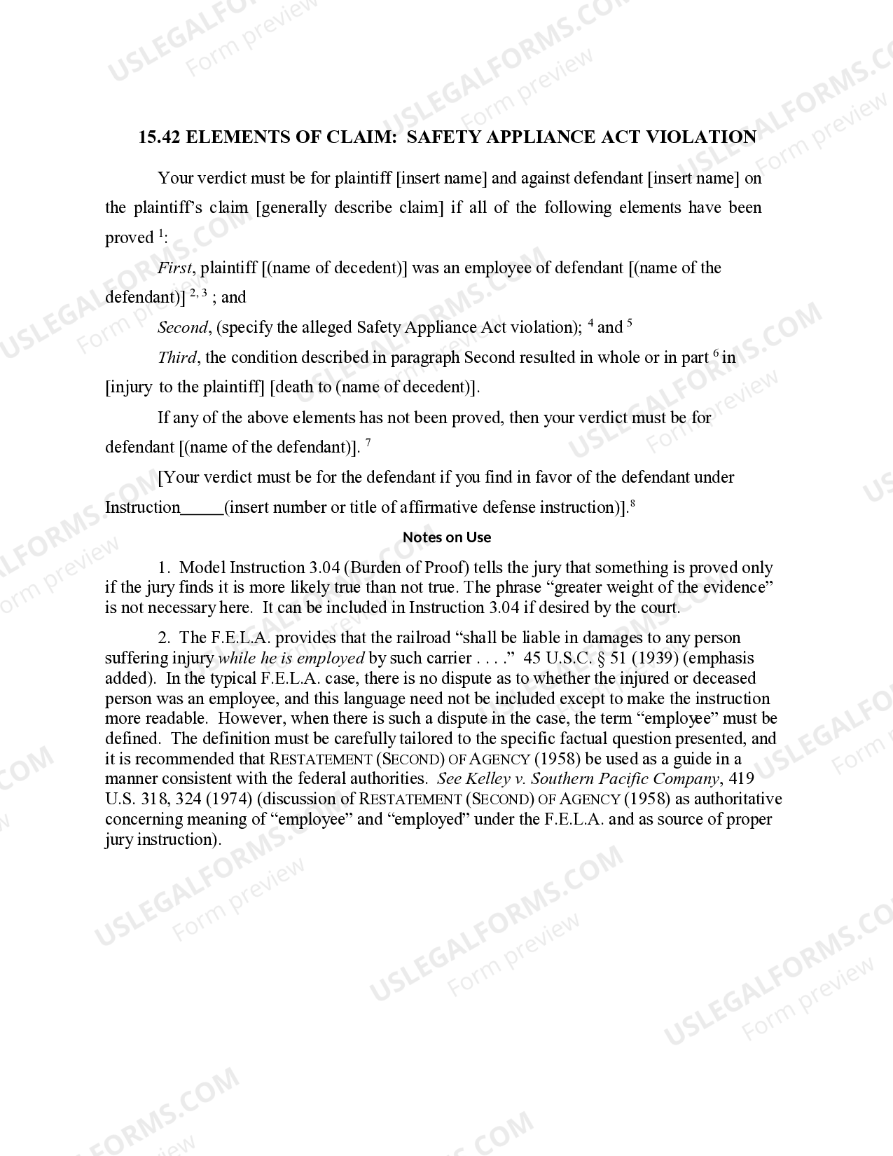 15.42 ELEMENTS OF CLAIM SAFETY APPLIANCE ACT VIOLATION US Legal Forms